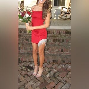 Red Draped Mini Dress with Rhinestone Detail